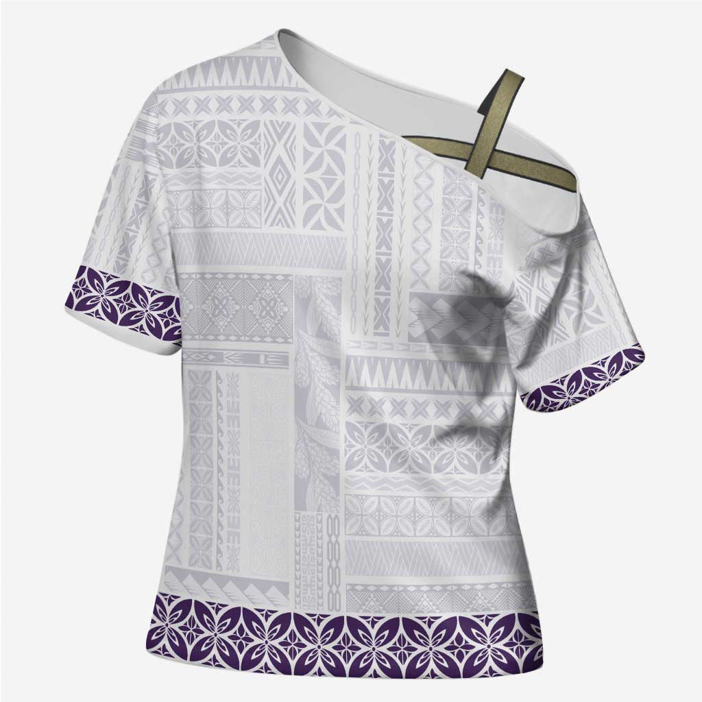 Samoa Siapo Purple Trimmed Cross Shoulder Shirt Samoa White Sunday LT01 Female Purple - Polynesian Pride