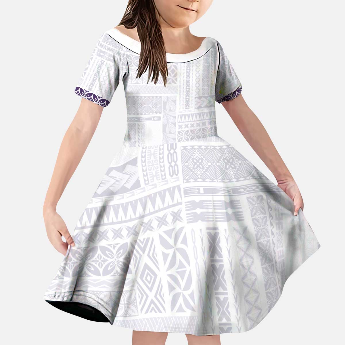 Samoa Siapo Purple Trimmed Kid Short Sleeve Dress Samoa White Sunday LT01 KID Purple - Polynesian Pride