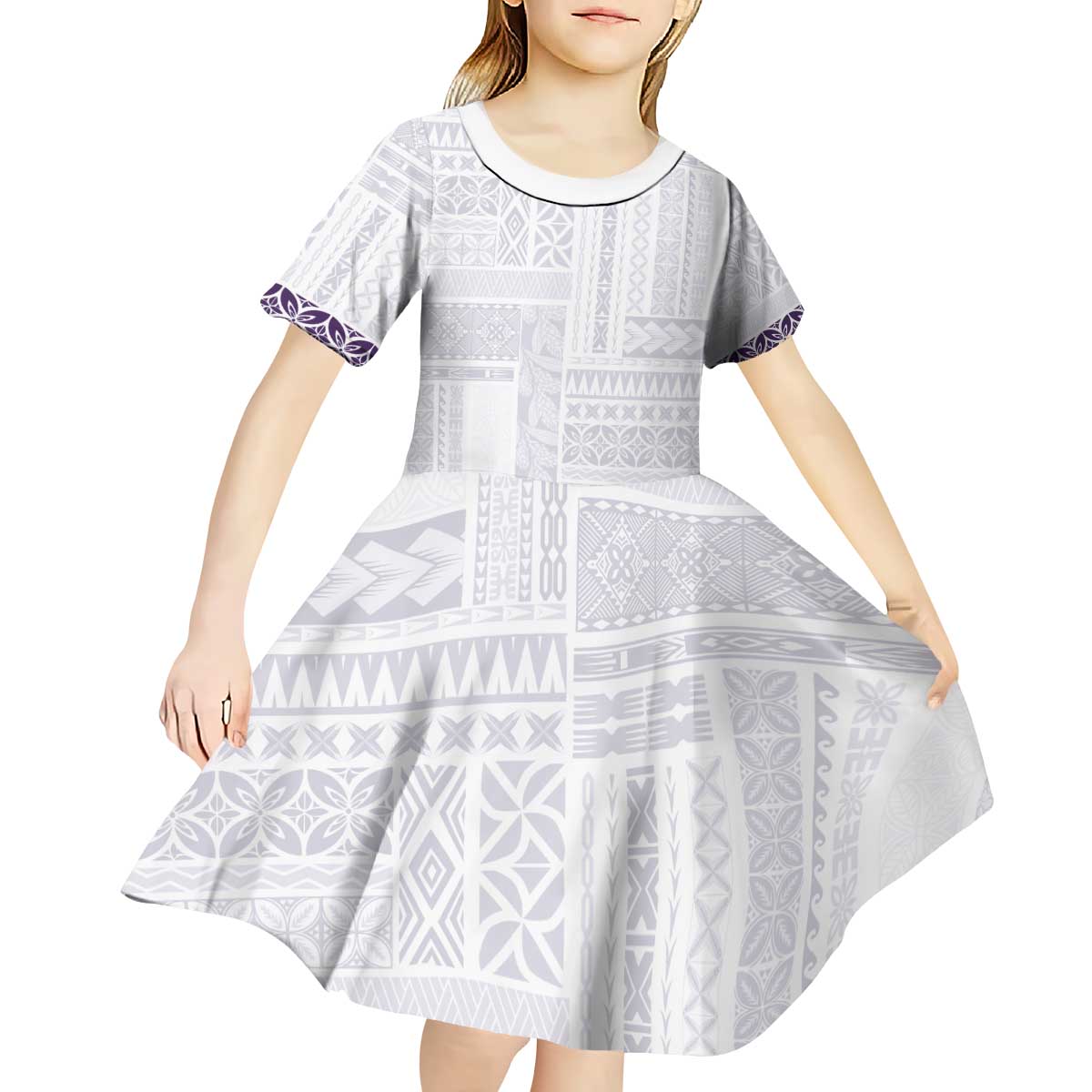 Samoa Siapo Purple Trimmed Kid Short Sleeve Dress Samoa White Sunday LT01 - Polynesian Pride