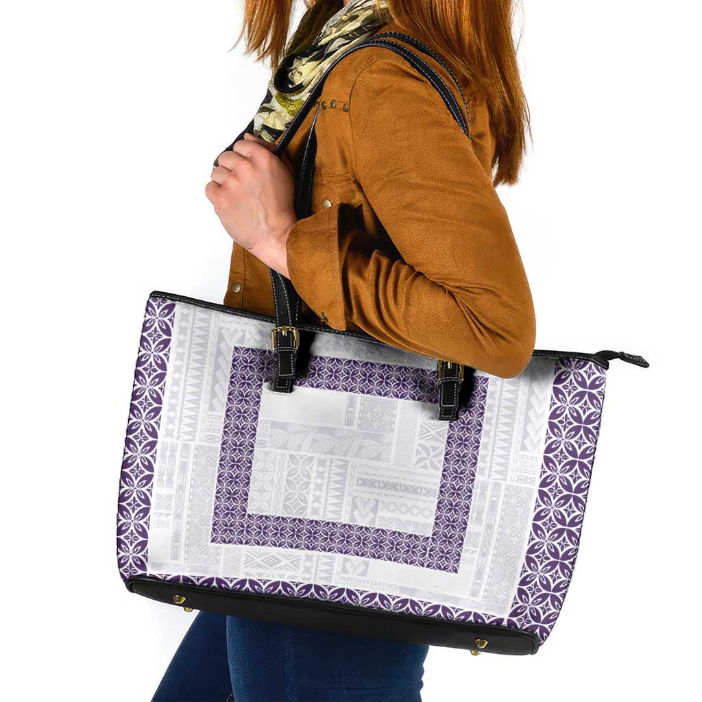 Samoa Siapo Purple Trimmed Leather Tote Bag Samoa White Sunday LT01 Purple - Polynesian Pride