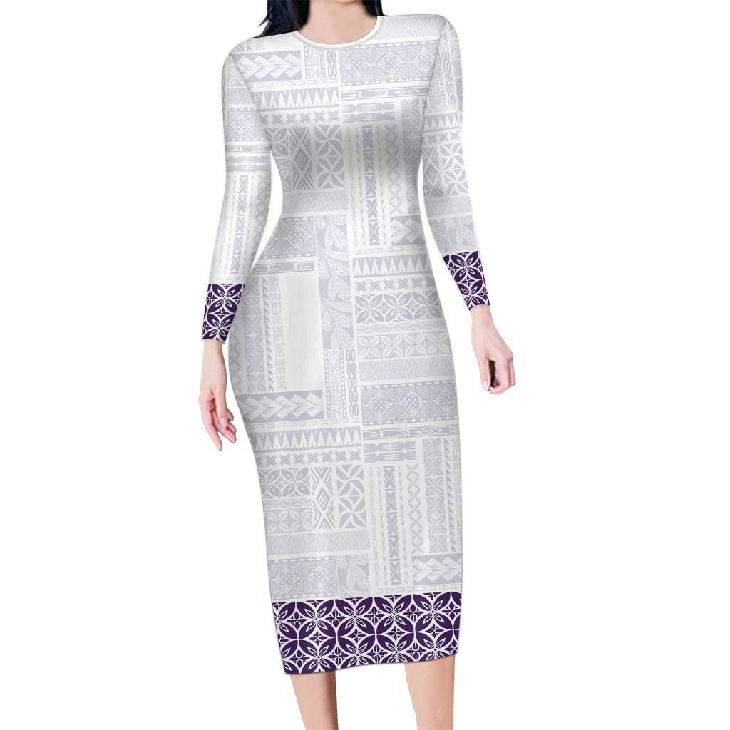 Samoa Siapo Purple Trimmed Long Sleeve Bodycon Dress Samoa White Sunday LT01 Long Dress Purple - Polynesian Pride