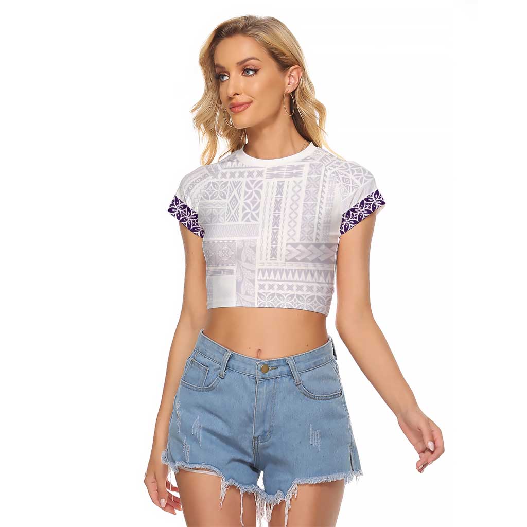 Samoa Siapo Purple Trimmed Raglan Cropped T Shirt Samoa White Sunday LT01 Female Purple - Polynesian Pride