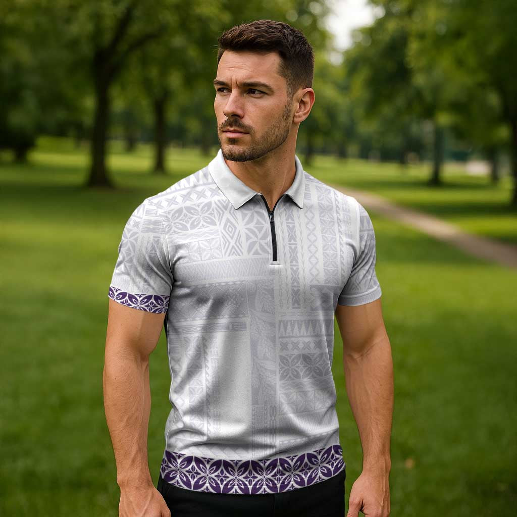 Samoa Siapo Purple Trimmed Zipper Polo Shirt Samoa White Sunday LT01 - Polynesian Pride