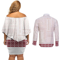Samoa Siapo Red Trimmed Couples Matching Off Shoulder Short Dress and Long Sleeve Button Shirt Samoa White Sunday LT01 - Polynesian Pride