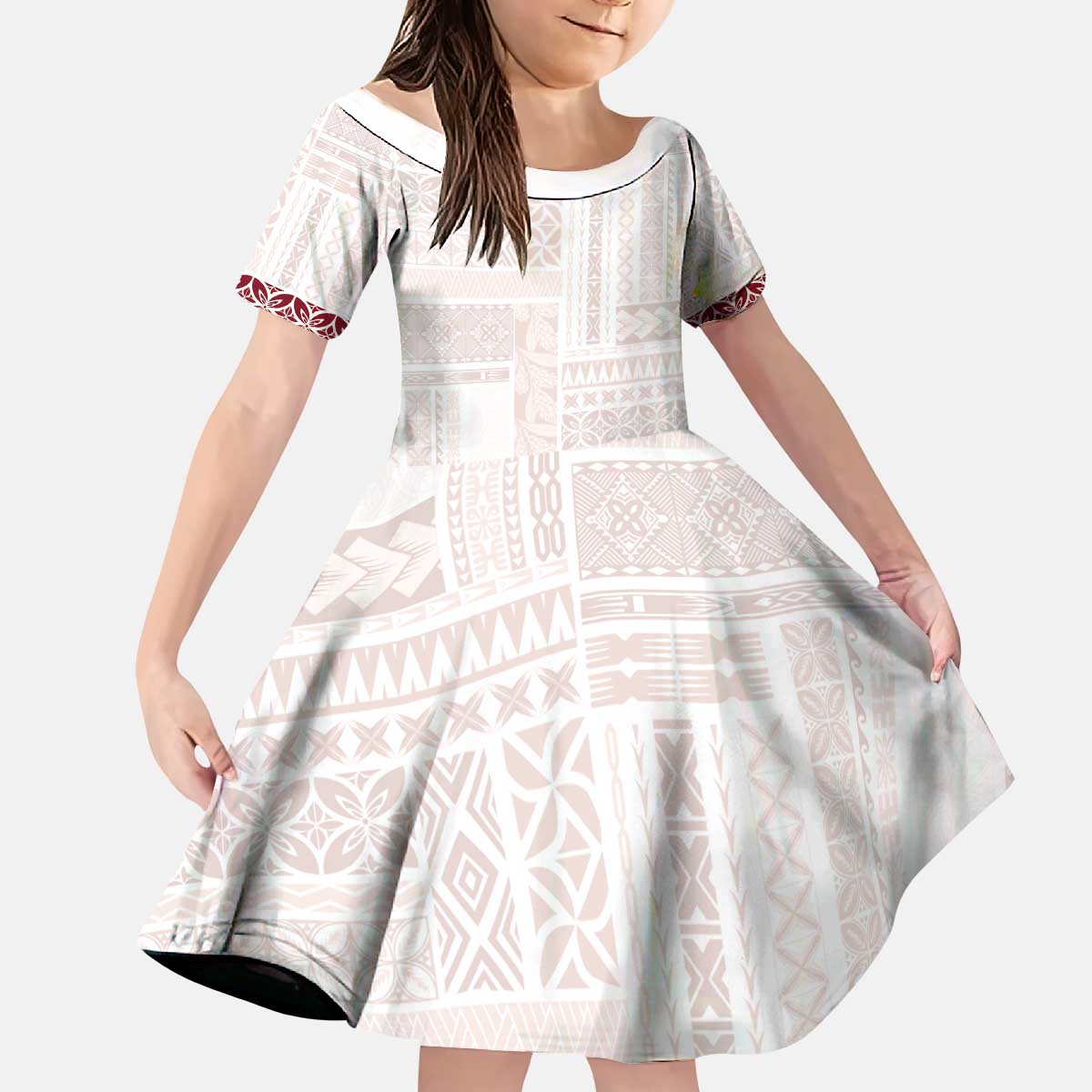 Samoa Siapo Red Trimmed Kid Short Sleeve Dress Samoa White Sunday LT01 KID Red - Polynesian Pride