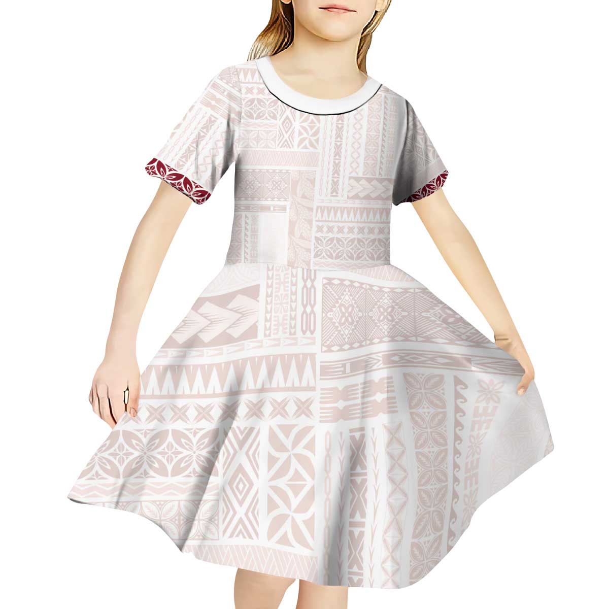 Samoa Siapo Red Trimmed Kid Short Sleeve Dress Samoa White Sunday LT01 - Polynesian Pride