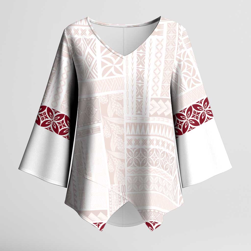 Samoa Siapo Red Trimmed Kimono Sleeve Blouse Samoa White Sunday LT01 Female Red - Polynesian Pride