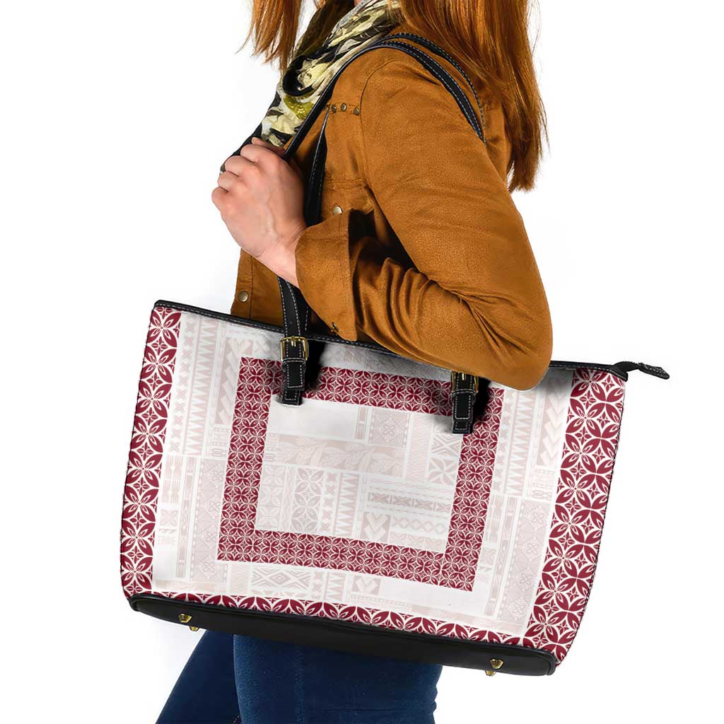 Samoa Siapo Red Trimmed Leather Tote Bag Samoa White Sunday LT01 Red - Polynesian Pride