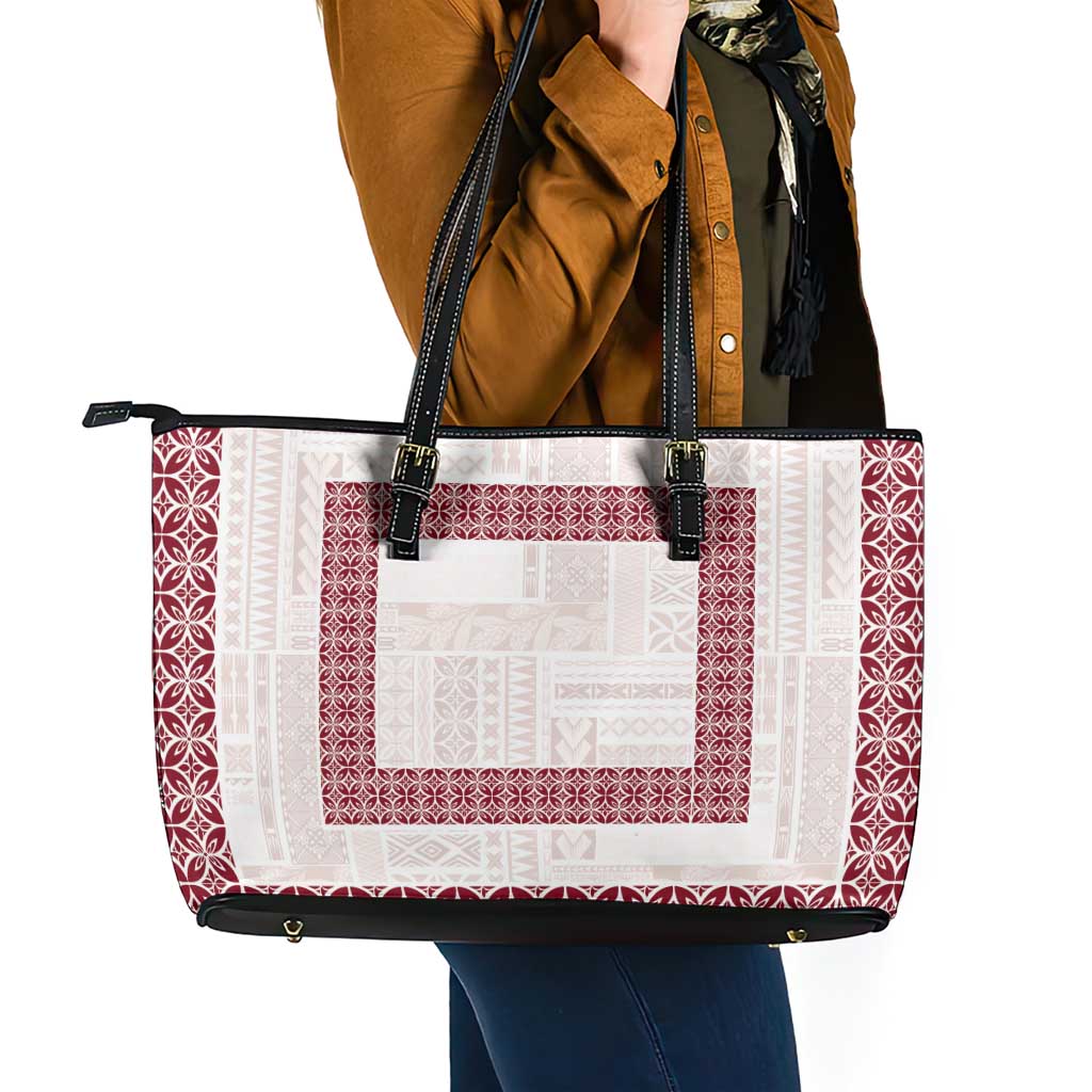 Samoa Siapo Red Trimmed Leather Tote Bag Samoa White Sunday LT01 - Polynesian Pride