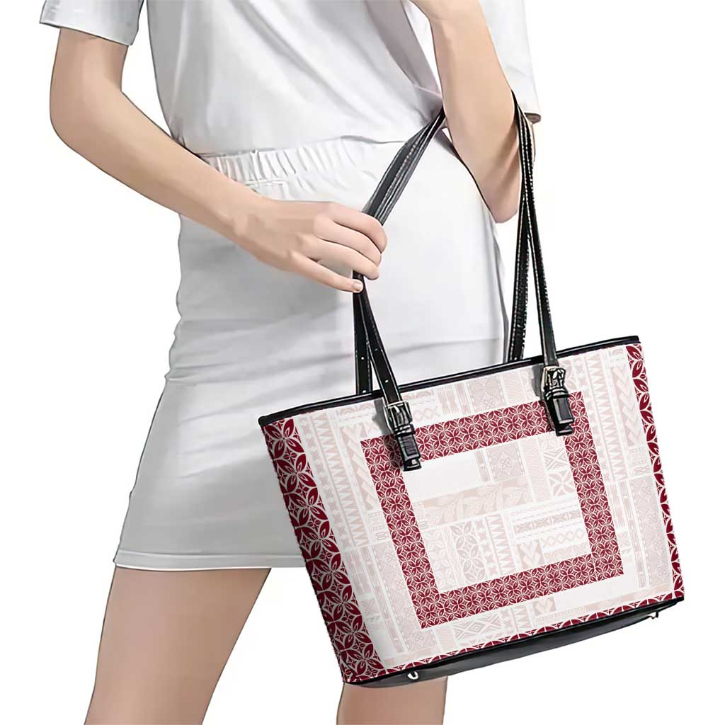 Samoa Siapo Red Trimmed Leather Tote Bag Samoa White Sunday LT01 - Polynesian Pride