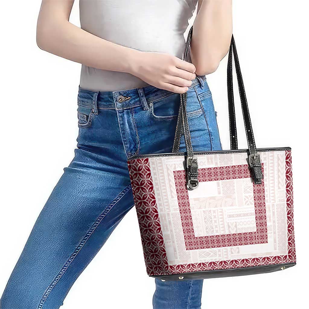 Samoa Siapo Red Trimmed Leather Tote Bag Samoa White Sunday LT01 - Polynesian Pride