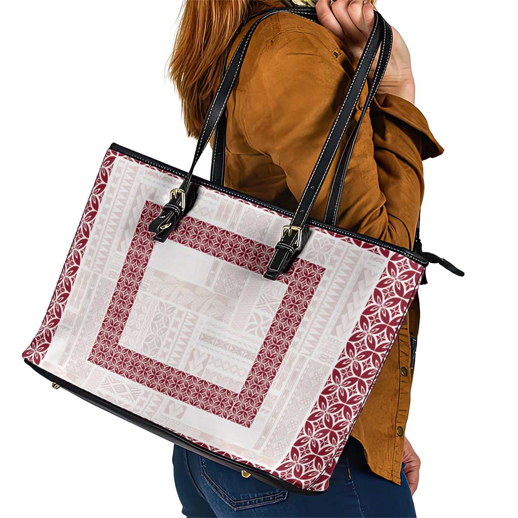 Samoa Siapo Red Trimmed Leather Tote Bag Samoa White Sunday LT01 - Polynesian Pride