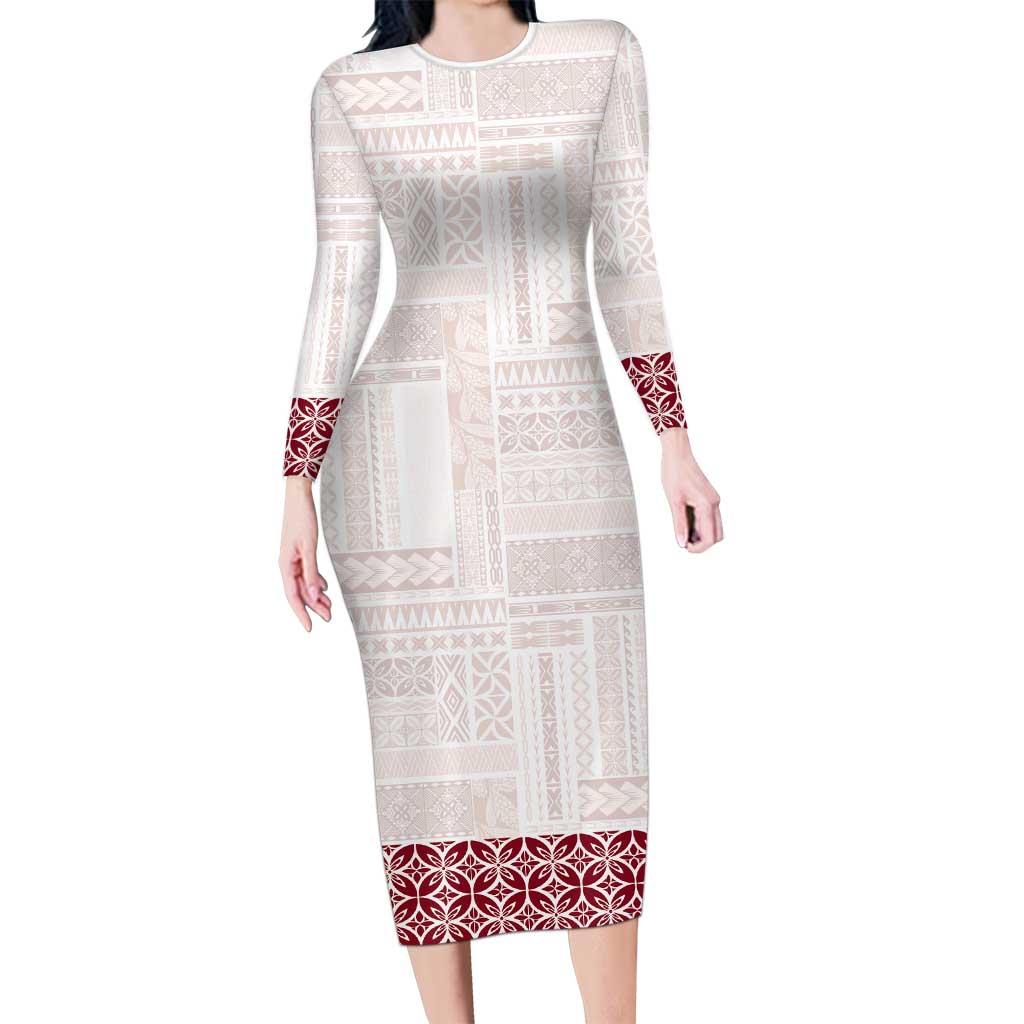 Samoa Siapo Red Trimmed Long Sleeve Bodycon Dress Samoa White Sunday LT01 Long Dress Red - Polynesian Pride