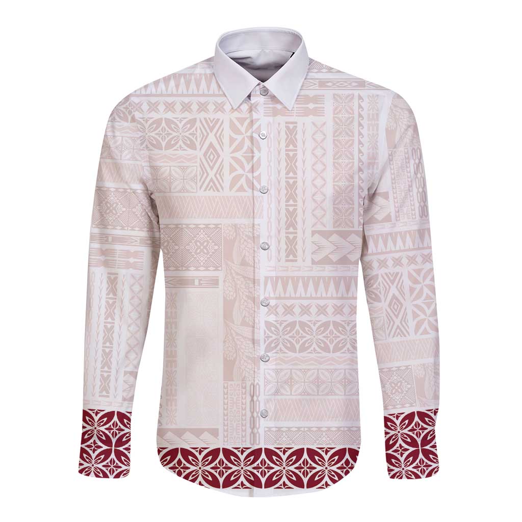 Samoa Siapo Red Trimmed Long Sleeve Button Shirt Samoa White Sunday LT01 Unisex Red - Polynesian Pride