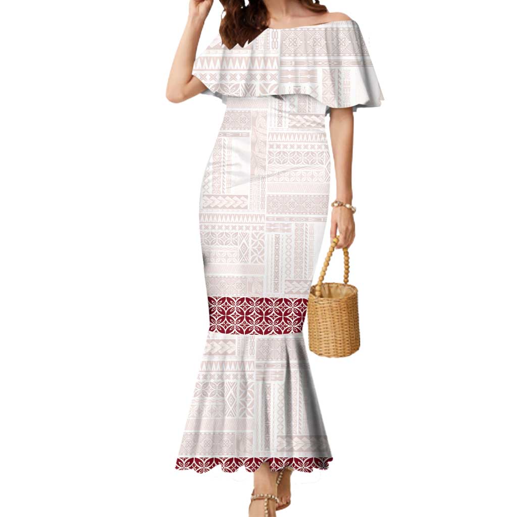 Samoa Siapo Red Trimmed Mermaid Dress Samoa White Sunday LT01 Women Red - Polynesian Pride