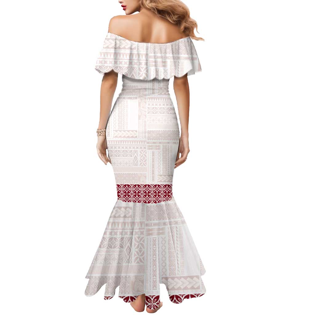 Samoa Siapo Red Trimmed Mermaid Dress Samoa White Sunday LT01 - Polynesian Pride