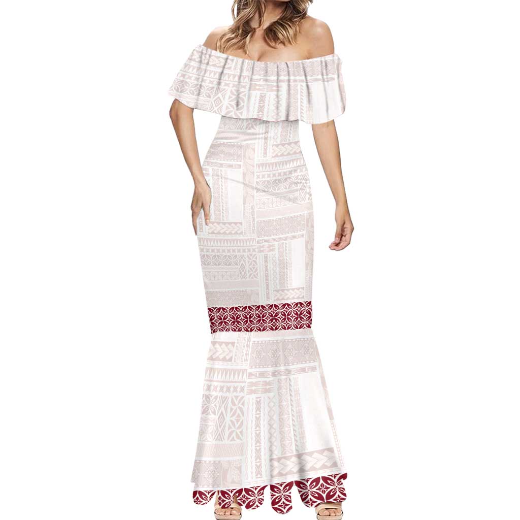 Samoa Siapo Red Trimmed Mermaid Dress Samoa White Sunday LT01 - Polynesian Pride