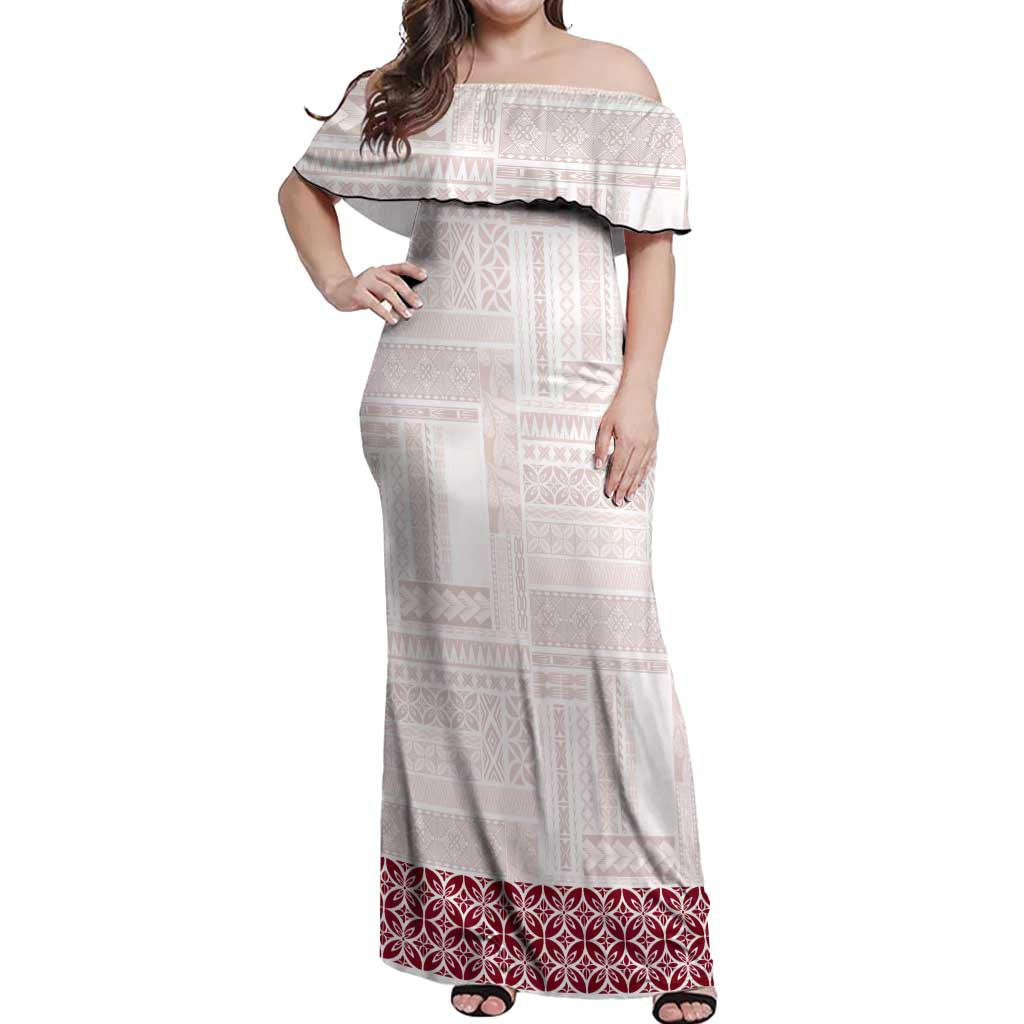 Samoa Siapo Red Trimmed Off Shoulder Maxi Dress Samoa White Sunday LT01 Women Red - Polynesian Pride