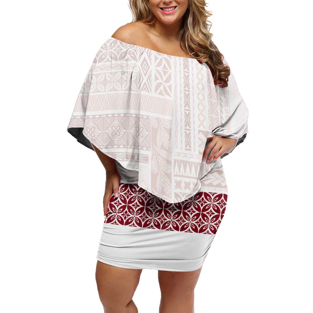 Samoa Siapo Red Trimmed Off Shoulder Short Dress Samoa White Sunday LT01 Women Red - Polynesian Pride