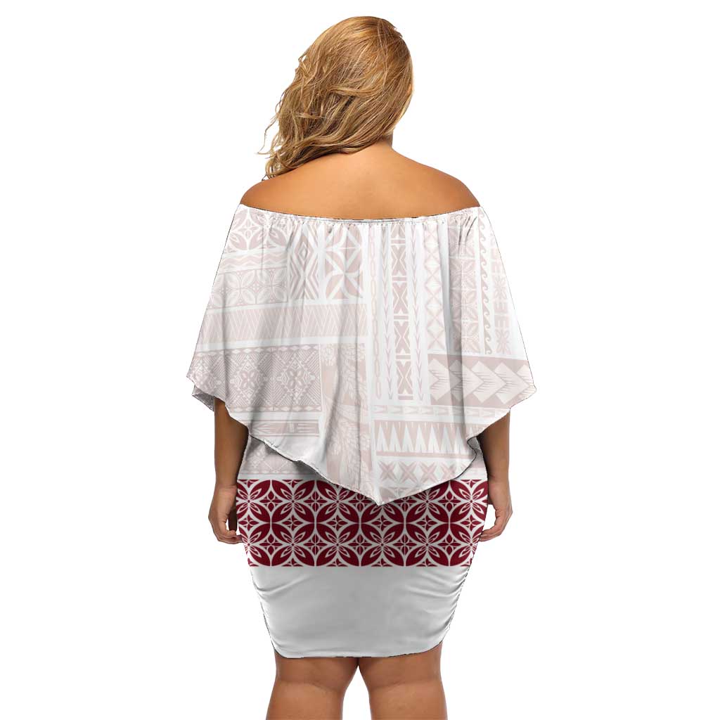 Samoa Siapo Red Trimmed Off Shoulder Short Dress Samoa White Sunday LT01 - Polynesian Pride