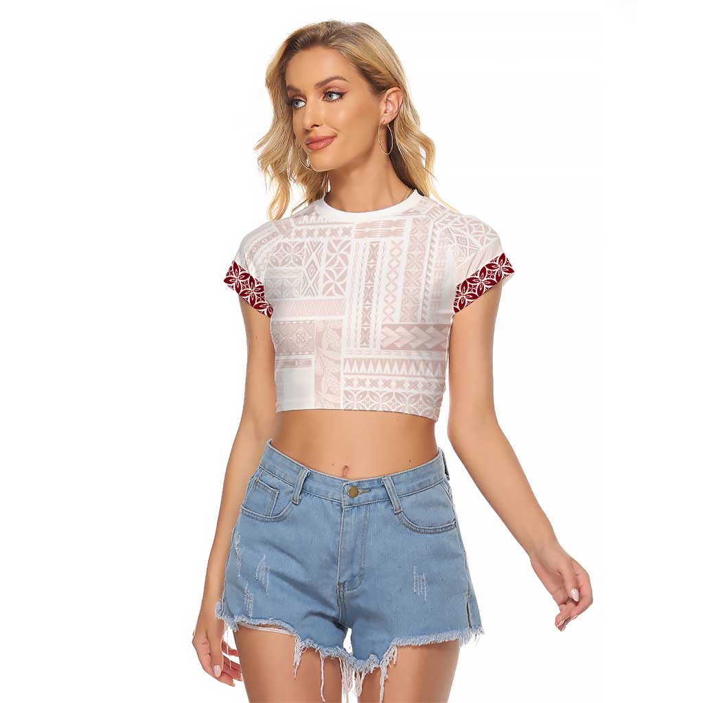 Samoa Siapo Red Trimmed Raglan Cropped T Shirt Samoa White Sunday LT01 Female Red - Polynesian Pride