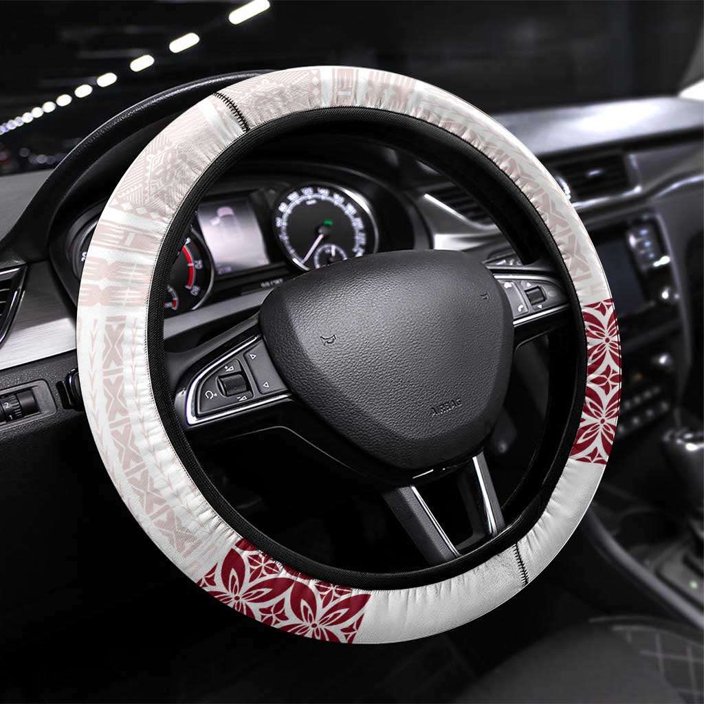 Samoa Siapo Red Trimmed Steering Wheel Cover Samoa White Sunday LT01 Universal Fit Red - Polynesian Pride