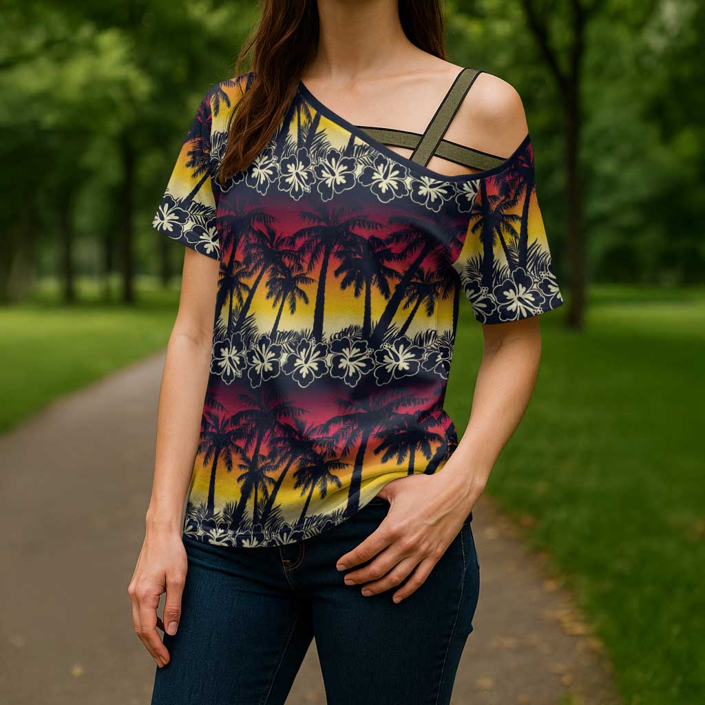 Hawaii Hibiscus Palm Tree Sunset Cross Shoulder Shirt Tropical Style LT01 - Polynesian Pride