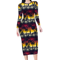 Hawaii Hibiscus Palm Tree Sunset Long Sleeve Bodycon Dress Tropical Style LT01 Long Dress Multicolor - Polynesian Pride