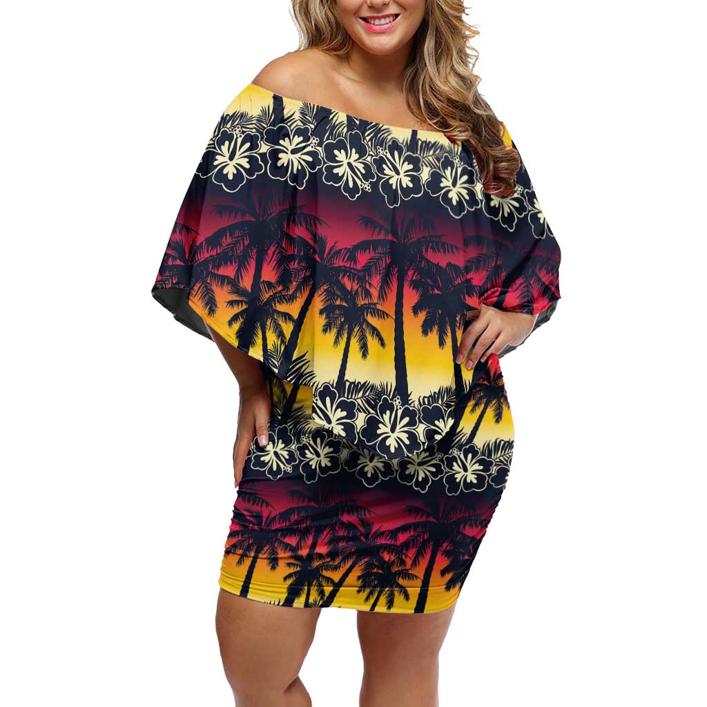Hawaii Hibiscus Palm Tree Sunset Off Shoulder Short Dress Tropical Style LT01 Women Multicolor - Polynesian Pride