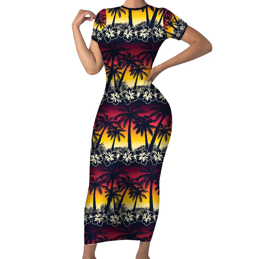 Hawaii Hibiscus Palm Tree Sunset Short Sleeve Bodycon Dress Tropical Style LT01 Long Dress Multicolor - Polynesian Pride