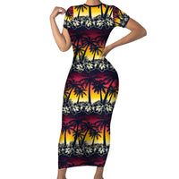 Hawaii Hibiscus Palm Tree Sunset Short Sleeve Bodycon Dress Tropical Style LT01 Long Dress Multicolor - Polynesian Pride