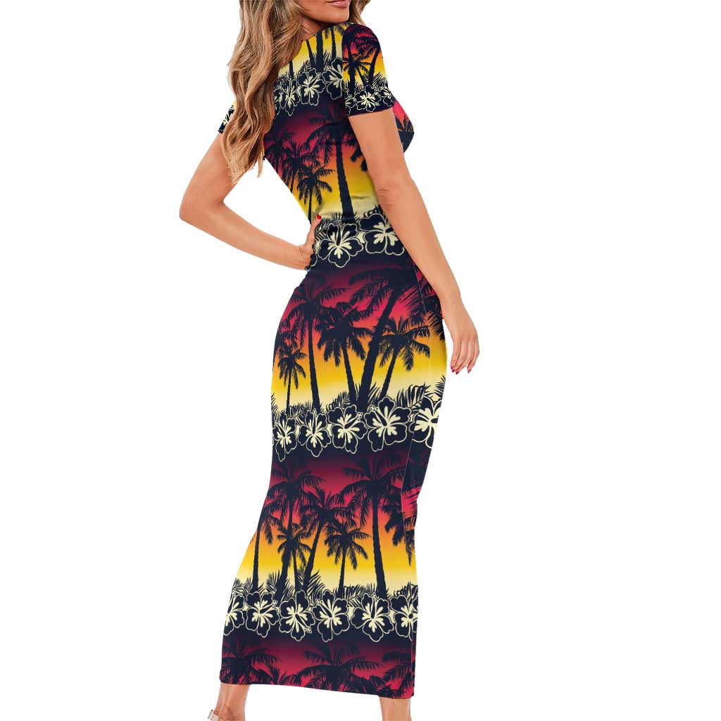 Hawaii Hibiscus Palm Tree Sunset Short Sleeve Bodycon Dress Tropical Style LT01 - Polynesian Pride