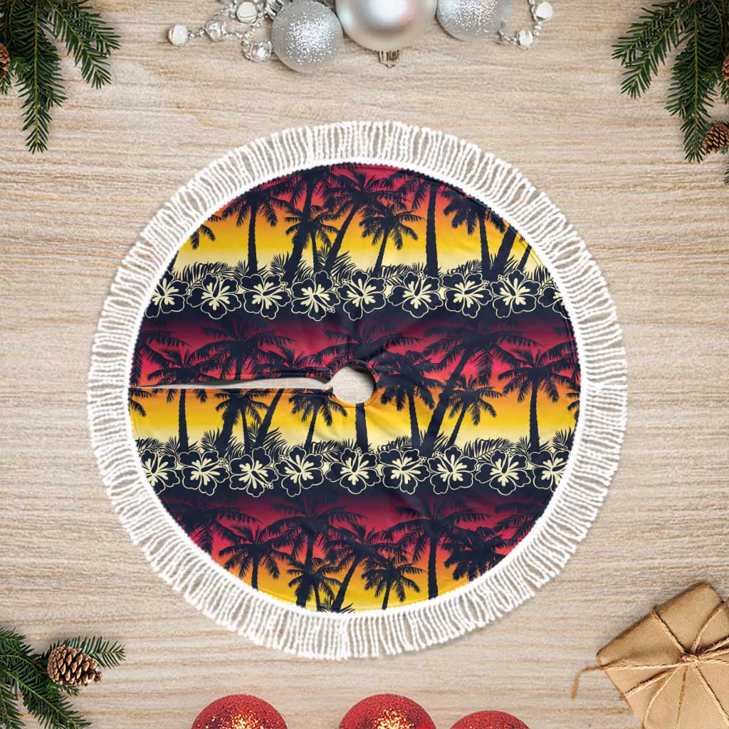 Hawaii Hibiscus Palm Tree Sunset Tree Skirt Tropical Style LT01 Fringed Multicolor - Polynesian Pride