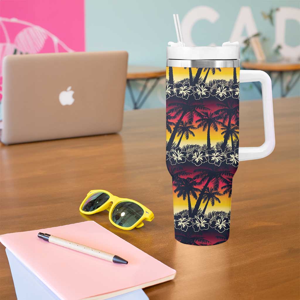Hawaii Hibiscus Palm Tree Sunset Tumbler With Handle Tropical Style LT01 - Polynesian Pride