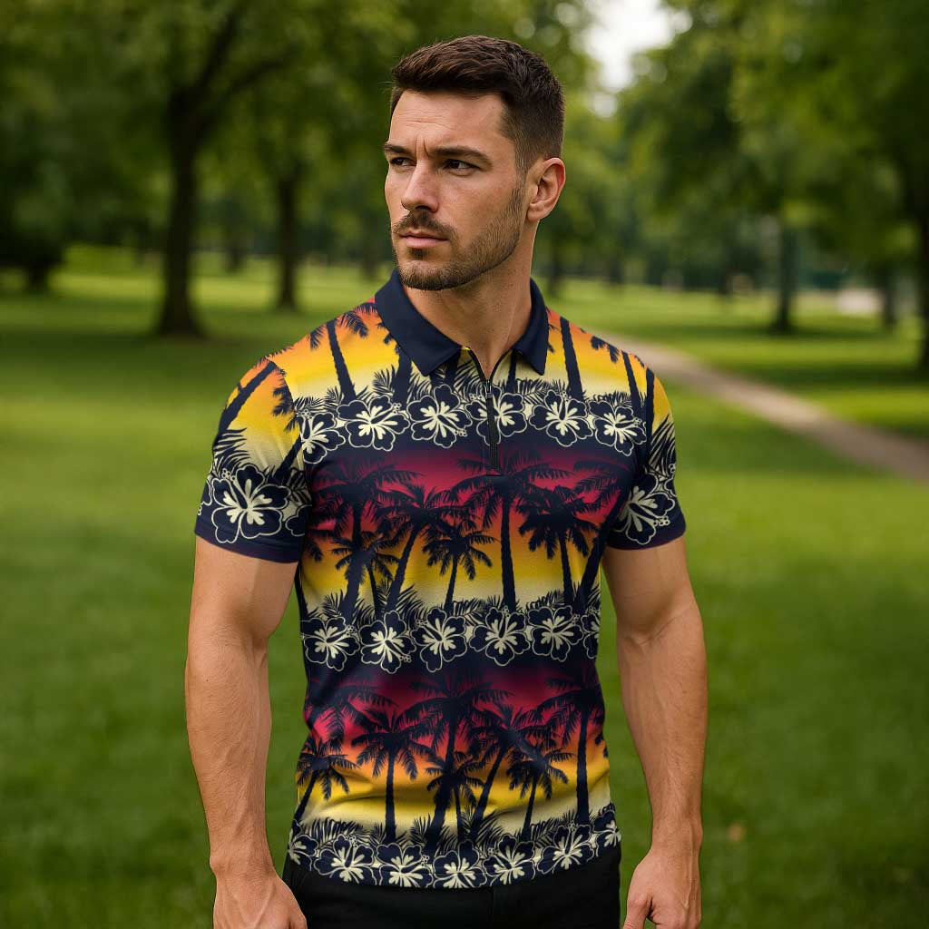 Hawaii Hibiscus Palm Tree Sunset Zipper Polo Shirt Tropical Style LT01 - Polynesian Pride