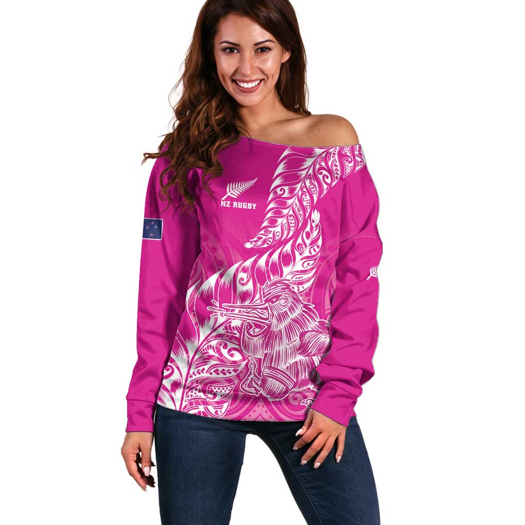 Custom New Zealand Rugby Silver Fern Off Shoulder Sweater Aotearoa Kiwi Maori Pink Version LT01 Women Pink - Polynesian Pride