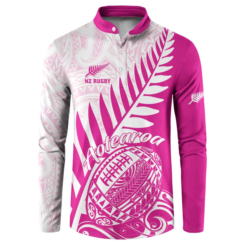 Custom New Zealand Rugby Silver Fern Button Sweatshirt Aotearoa Maori Pink Version LT01 Pink - Polynesian Pride