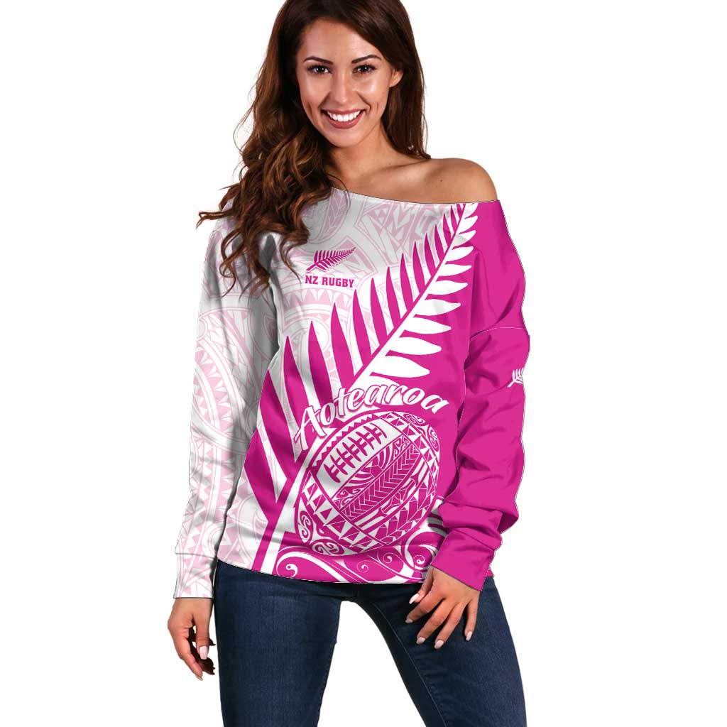 Custom New Zealand Rugby Silver Fern Off Shoulder Sweater Aotearoa Maori Pink Version LT01 Women Pink - Polynesian Pride