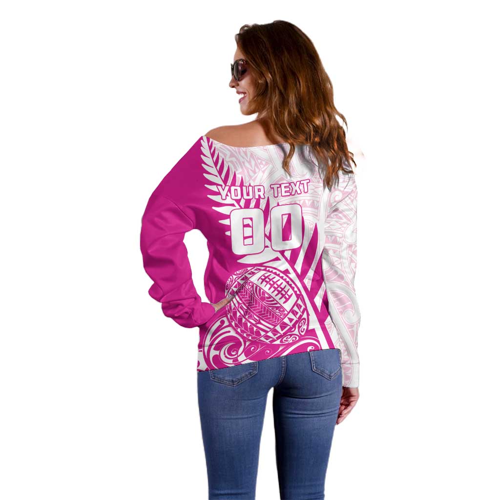 Custom New Zealand Rugby Silver Fern Off Shoulder Sweater Aotearoa Maori Pink Version LT01 - Polynesian Pride