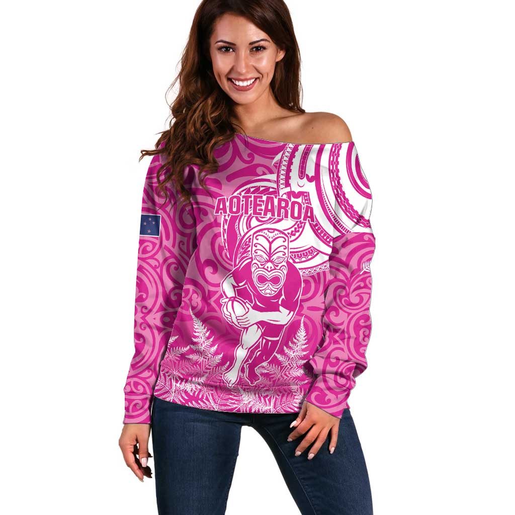 New Zealand Silver Fern Rugby All Pink Off Shoulder Sweater Maori Tiki Player With Ta Moko Tribal LT01 Women Pink - Polynesian Pride