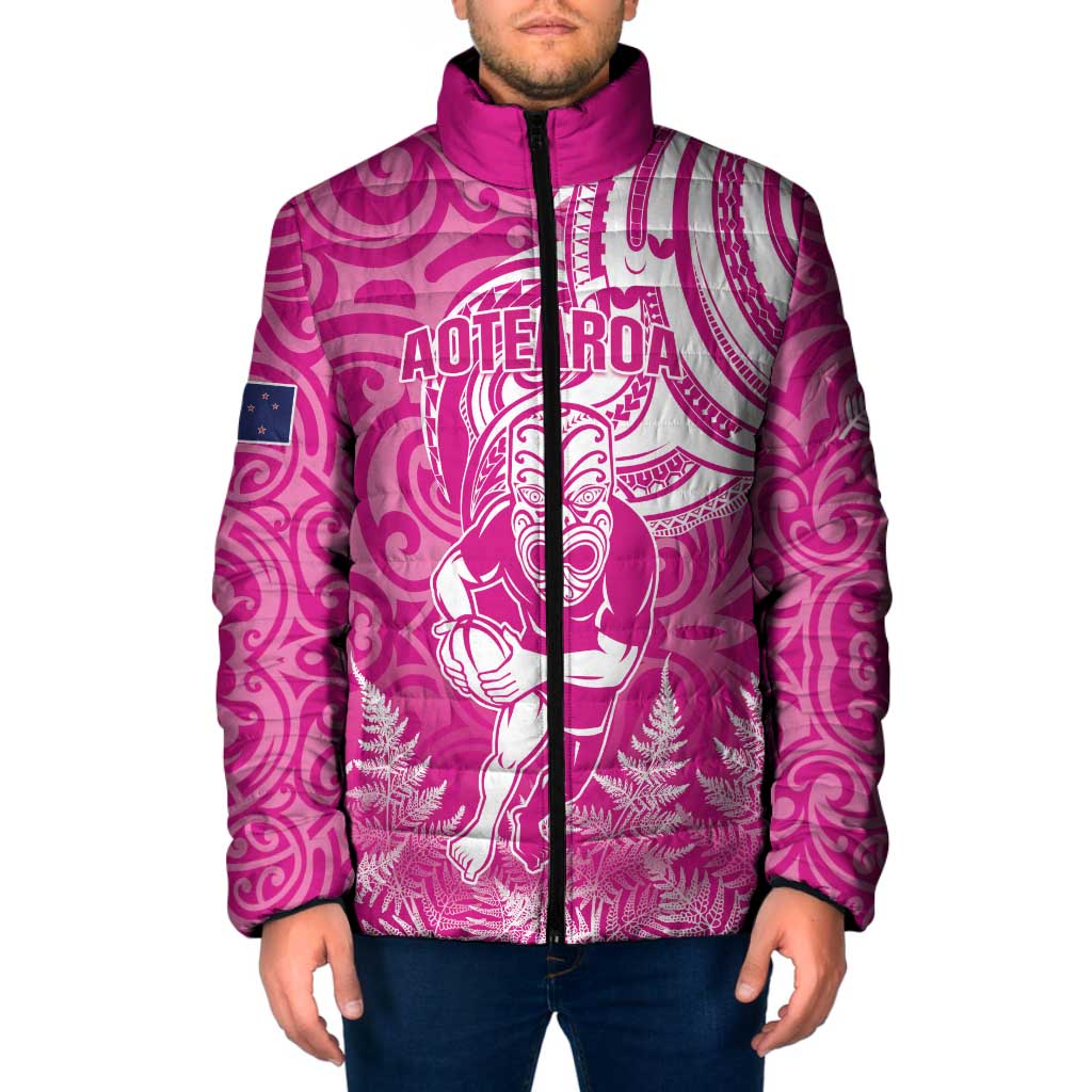New Zealand Silver Fern Rugby All Pink Padded Jacket Maori Tiki Player With Ta Moko Tribal LT01 Men Pink - Polynesian Pride