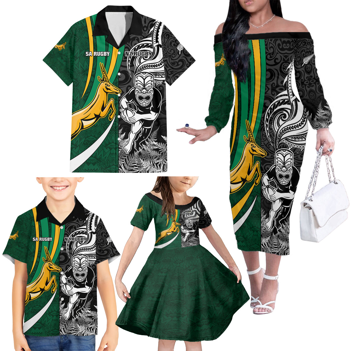 Custom New Zealand and South Africa Rugby Family Matching Off Shoulder Long Sleeve Dress and Hawaiian Shirt Silver Fern Protea Pattern World Cup 2023 LT01 - Polynesian Pride