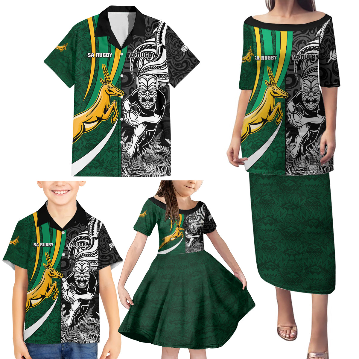 Custom New Zealand and South Africa Rugby Family Matching Puletasi Dress and Hawaiian Shirt Silver Fern Protea Pattern World Cup 2023 LT01 - Polynesian Pride