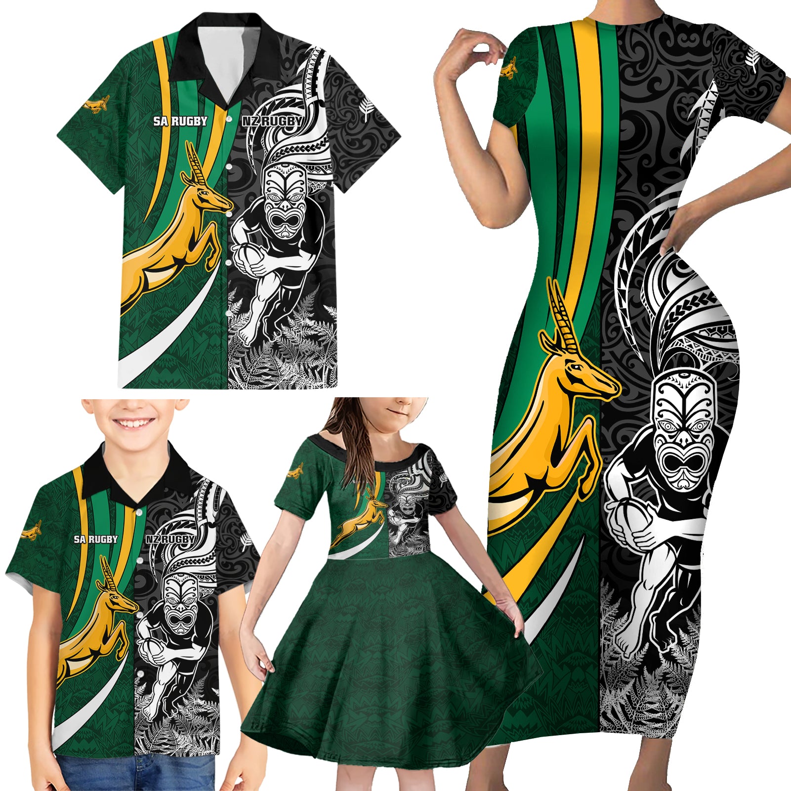 Custom New Zealand and South Africa Rugby Family Matching Short Sleeve Bodycon Dress and Hawaiian Shirt Silver Fern Protea Pattern World Cup 2023 LT01 - Polynesian Pride