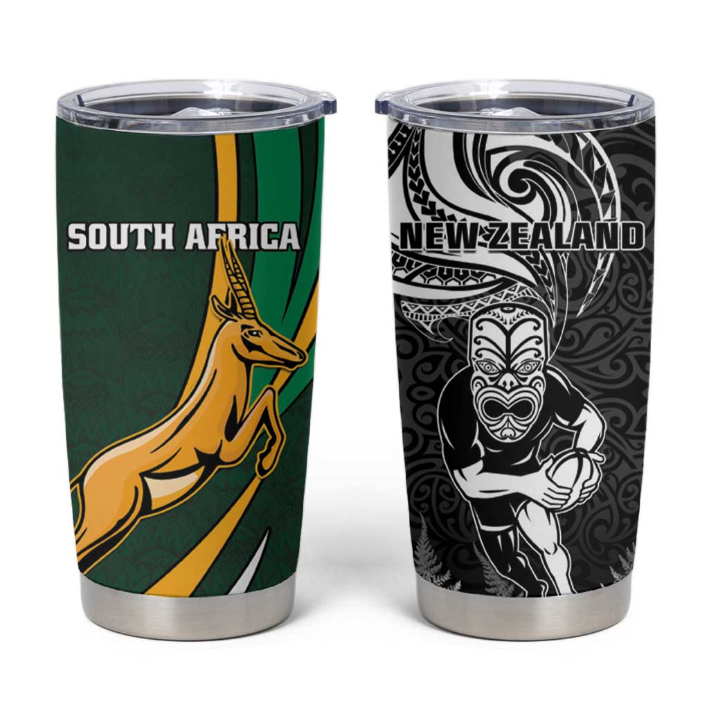 New Zealand and South Africa Rugby Tumbler Cup Silver Fern Protea Pattern LT01 Art - Polynesian Pride