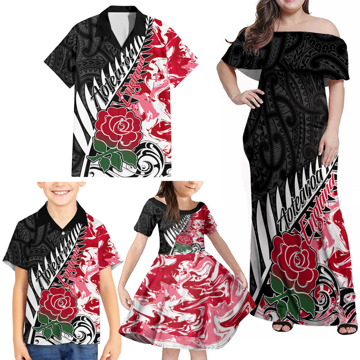 Custom New Zealand and England Rugby Family Matching Off Shoulder Maxi Dress and Hawaiian Shirt Silver Fern With Red Rose World Cup 2023 LT01 - Polynesian Pride