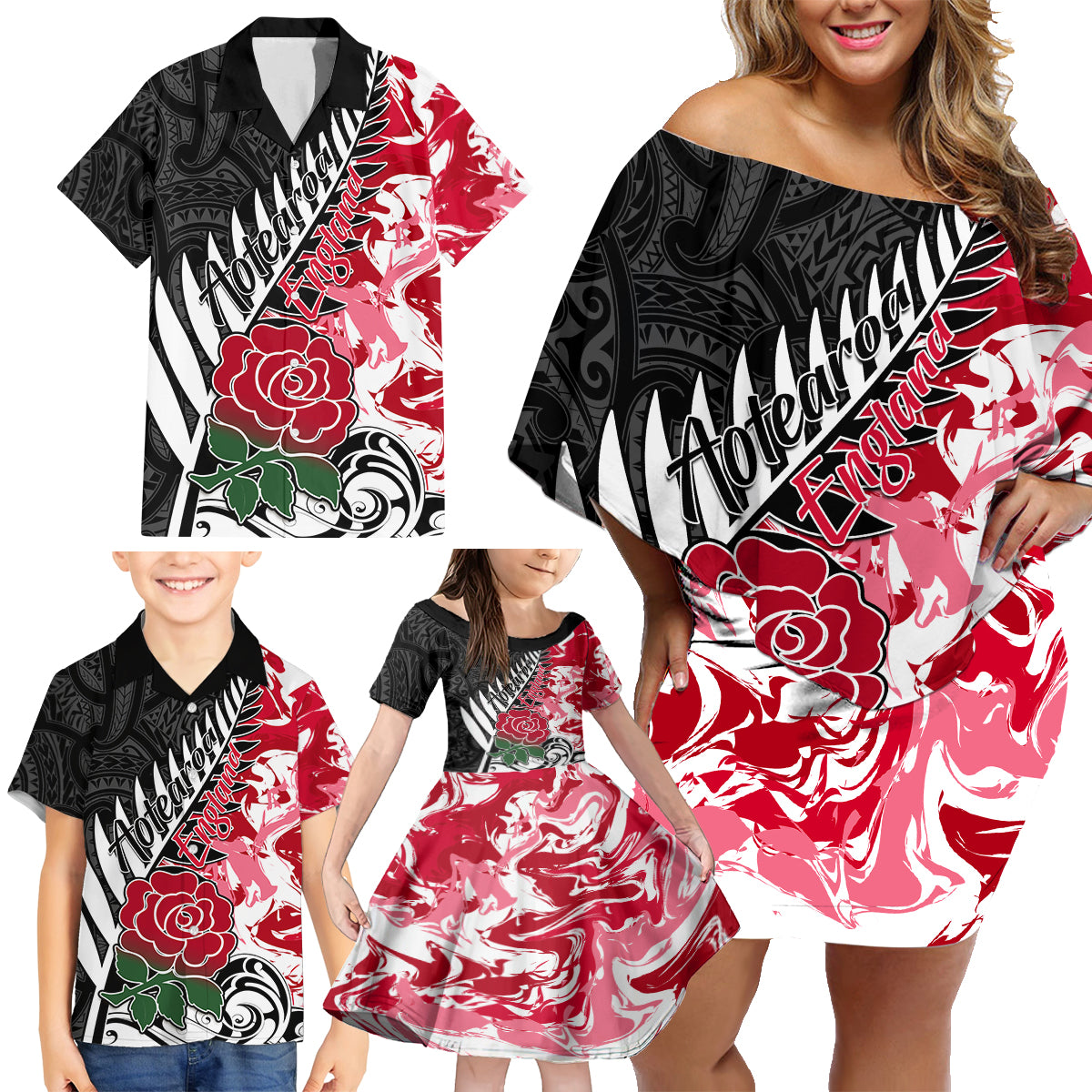 Custom New Zealand and England Rugby Family Matching Off Shoulder Short Dress and Hawaiian Shirt Silver Fern With Red Rose World Cup 2023 LT01 - Polynesian Pride