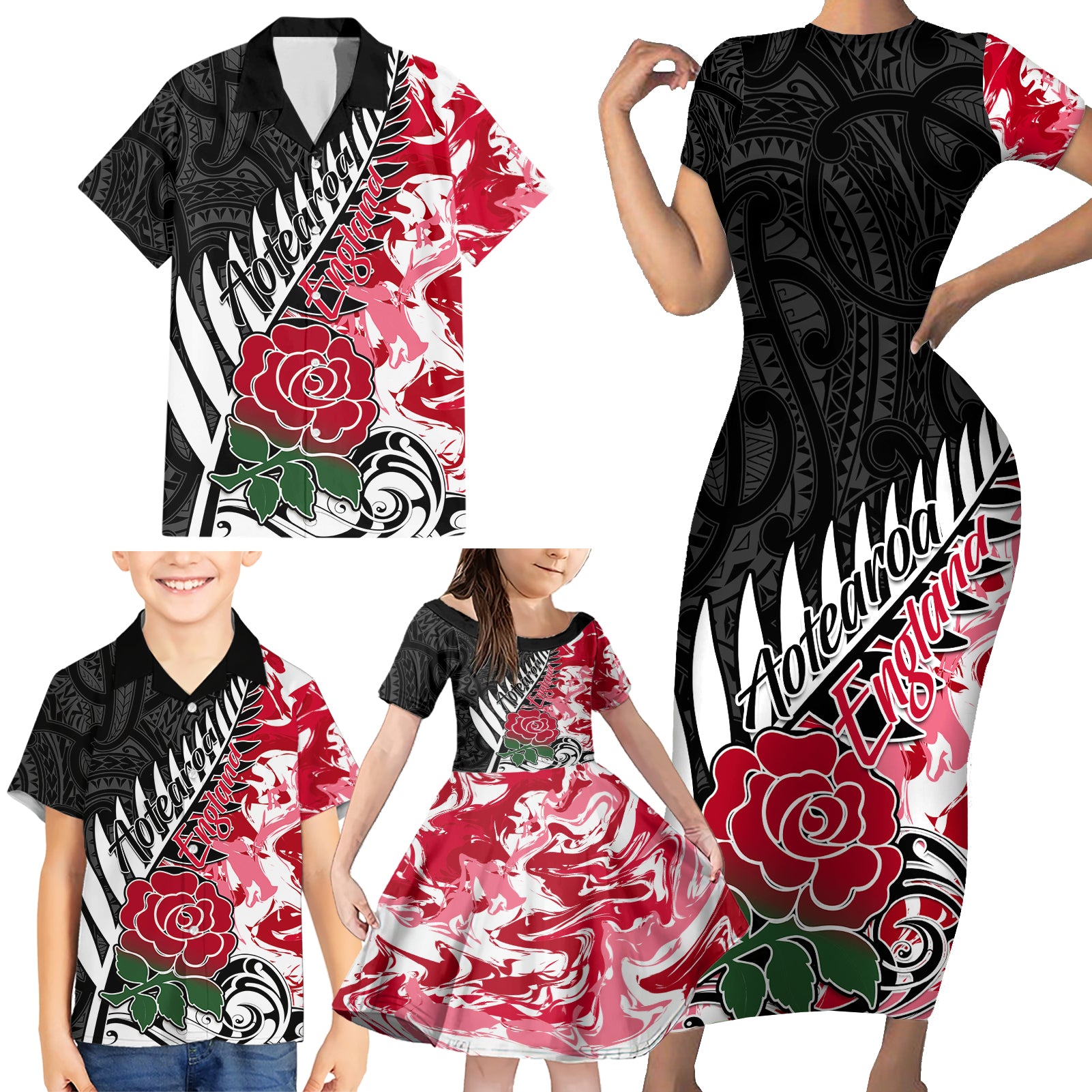 Custom New Zealand and England Rugby Family Matching Short Sleeve Bodycon Dress and Hawaiian Shirt Silver Fern With Red Rose World Cup 2023 LT01 - Polynesian Pride