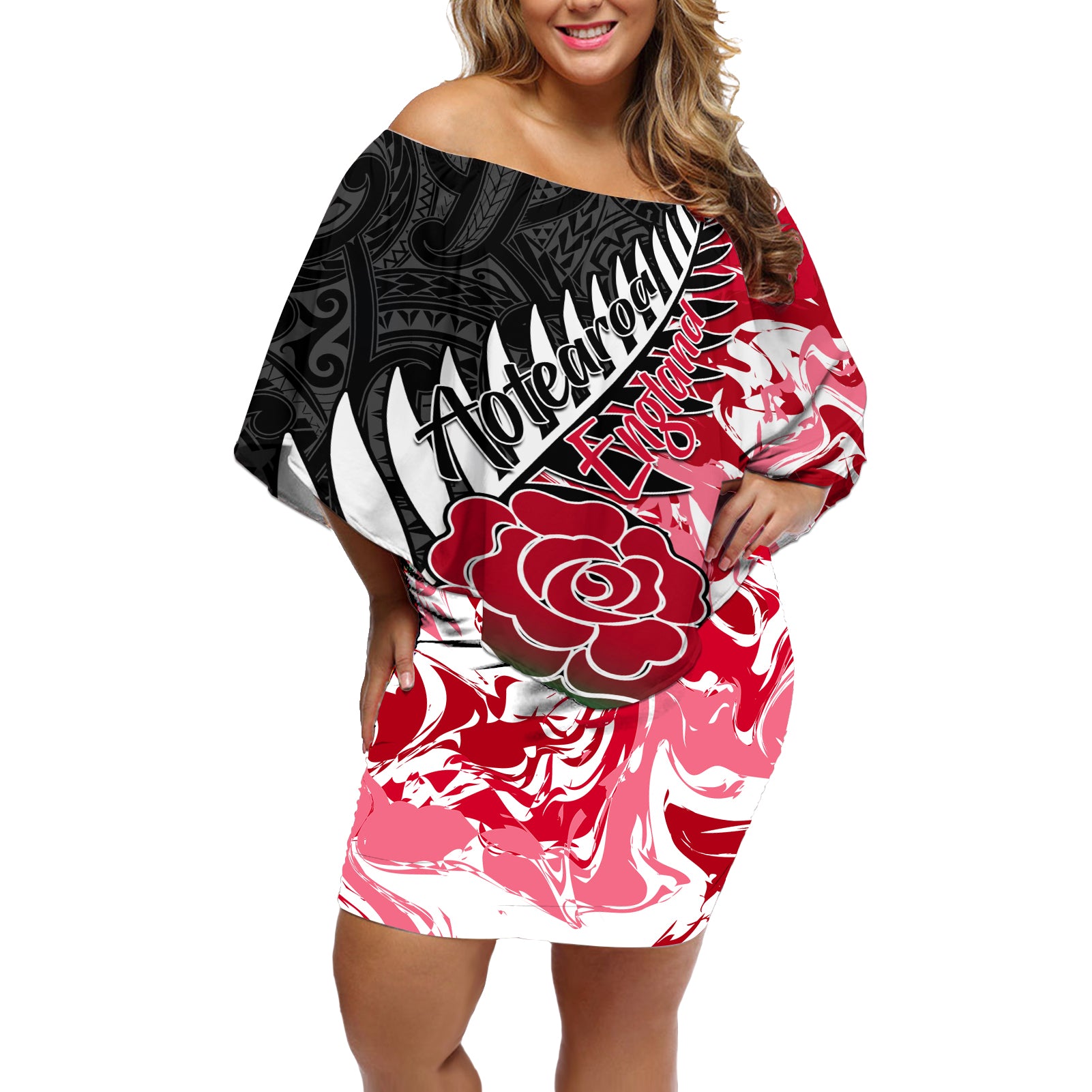 Custom New Zealand and England Rugby Off Shoulder Short Dress Silver Fern With Red Rose World Cup 2023 LT01 Women Art - Polynesian Pride