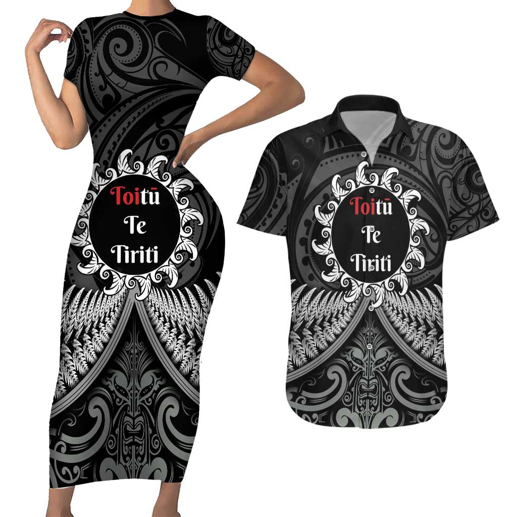 Personalised Toitu Te Tiriti Aotearoa Silver Fern Couples Matching Short Sleeve Bodycon Dress and Hawaiian Shirt New Zealand Maori Pattern